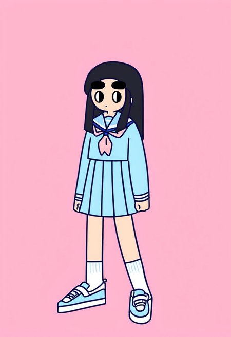 oh.caroool art style,black long hair,pastel pink lips,1girl, skirt, amidst,full body,big oval eyes,thick lines,thick eyebrows,sailor school uniform,blue school uniform, trainers, chunky sneakers,high sporty socks,standing straight ,pink background ,minimalist art, minimalist details