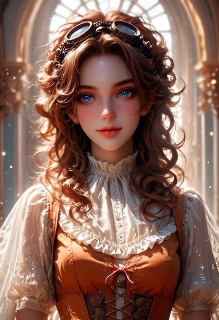 (score_9, score_8_up), score_7_up, 1girl, Highly detailed RAW color Photo, aroused depicted of 1girl, Whimsical steampunk beauty, radiant smile, freckled face. Messy updo with loose curls, golden-brown hair. Piercing blue eyes, long lashes. Brass goggles atop head. Ornate choker and delicate necklaces. Sunlit skin, rosy cheeks. Shimmering orange corset top. Victorian-inspired white blouse. Intricate background with gilded details. Warm, ethereal lighting. Hyper-realistic portrait style. Blend of vintage and fantasy elements. Sparkles and lens flares. Soft bokeh effec