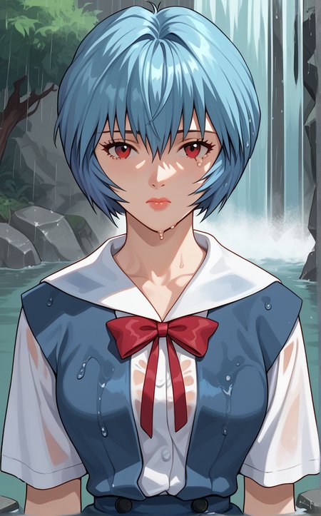 score_9, score_8_up, score_7_up, absurdres, portrait, rain, sad, crying, waterfall, wet, wet clothes, closed mouth, hydrangea, outdoors, solo, looking at viewer,  <lora:PONYXL_Eve_ReiAyanami_ownwaifu:1>, BREAK MainOutfit_ReiAyanami_ownwaifu, 1girl, short hair, red eyes, blue hair, bangs, white shirt, red ribbon, short sleeves, neck ribbon, hair between eyes, collarbone, suspender skirt, sailor collar, pale skin, shirt, blue skirt, school uniform, blue dress, red bow, white sailor collar, breasts, collared shirt, eyebrows visible through hair, shiny hair, pinafore dress, red neckwear, vest, bob cut, bowtie, lips, messy hair, puffy sleeves, aqua hair, <lora:add-detail-xl:0.15>,
