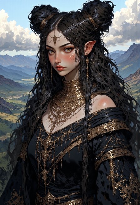 a girl with dark hair braided into two high buns, from which long strands fall. her skin is light. She is dressed in a black dress with open shoulders, decorated with lace. Around her neck are several chains and a choker. The background is a landscape with mountains and valleys under a cloudy sky.mountains