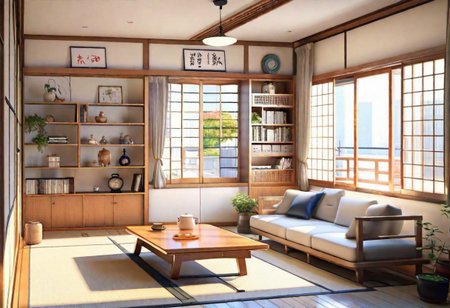 ((front view)), ((Japanese animation style)), modern-style interior, with white walls, (large windows), Nordic-style furniture, a  study, Sofa, coffee table, bookcase, single wall, 
warm light morning sun, (the view of the city)