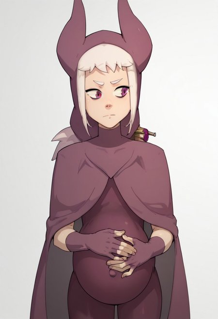 score_9, score_8_up, score_7_up,  1girl, solo, pregnant, norawakfu, white hair, purple eyes, hood, horns, hood, horns, cloak, fingerless elbow gloves, bodysuit, cape,  standing, holding belly, white background,