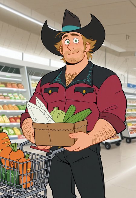 masterpiece, best quality, amazing quality, detailed background, intricate details, dynamic, cinematic, animated, anime realistic shading, solo, male focus, source_anime,high resolution, newest, depth of field, bara, yaoi, perfect face, 1boy, k3nny, blond hair, green eyes, stubble, chest hair, black and blue cowboy hat, red and black jacket, star buckle belt, black pants, cowboy boots, muscular male, looking at viewer, doing groceries, grocery cart, holding, mall background, indoors, grocery shelf, dutch angle