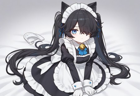 (Maid-kasli), solo, white gloves, dress, hair over one eye, maid apron, blue eyes, twintails, cat ears, maid headdress, maid, gloves, 1girl, apron, juliet sleeves, long sleeves, long hair, black hair, animal ears, bell,(Fall down),