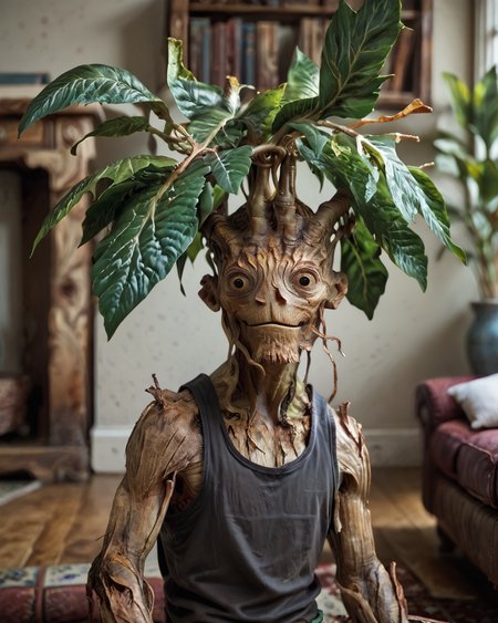 score_9, score_8_up, score_7_up, intricate details, rating_questionable,
<lora:homri52:1>,
<lora:Mandrake:1>, Mandrake, plant monster, leaves, bark, black eyes, yellow-brown bark
, looking at the viewer, solo, happy, 
portrait, face focus, tank top), cozy living room,
masterpiece, 
detailed background, depth of field, 
<lora:ral-chrosc-clr:0.5>, ral-chrosc-clr,
<lora:Expressive_H:0.5>, Expressiveh,
<lora:xl_more_art-full_v1:0.3>,
<lora:add-detail-xl:0.3>,