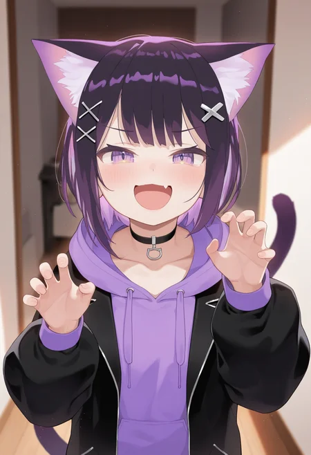 masterpiece,best quality,amazing quality,
1girl, hood, animal ears, solo, hoodie, tail, black hair, cat tail, cat ears, fang, x hair ornament, purple eyes, hair ornament, looking at viewer, smile, long sleeves, black hoodie, cat girl, virtual youtuber, open mouth, jacket, bangs, choker, hairclip, short hair, hood down, multicolored hair, claw pose, purple hair, puffy long sleeves, purple hoodie, black jacket, open clothes, :d, blurry, black choker, collarbone,
 <lora:Biyobiyo:1>