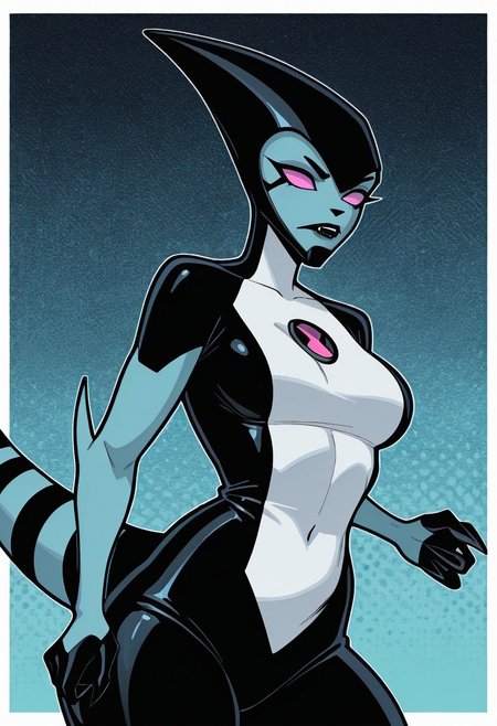 <lora:xlr8-08:1> xlr8, solo, pink eyes, blue skin, black lips, stripped tail, black mouth strip,, detailed background, black claws,     <lora:welwraith-guy90-Illust-Lycorisv1:1> welith, curvy, 1girl,, masterpiece, best quality, amazing quality, very aesthetic, absurdres, newest,, upper body, halftone effect, white borders, abstract background:1.2, dynamic pose,