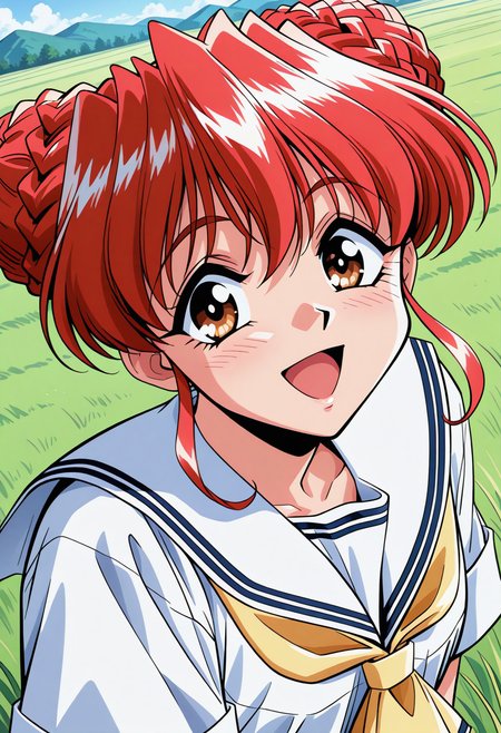 tani_yurika, brown eyes, red hair, hair bun, double bun, school uniform, serafuku, white sailor collar, yellow neckerchief, white shirt, short sleeves, , <lora:Graduation_tani_yurika_illustrious_ver1:0.8>
smile, open mouth,, masterpiece, best quality, very aesthetic, absurdres, general,, 1girl, solo, blue sky, (grasslands:1.2), looking at viewer,, (upper body:1.2), (close-up:1.2), (facing viewer:1.2), (open eyes:1.4), (portrait:1.2)