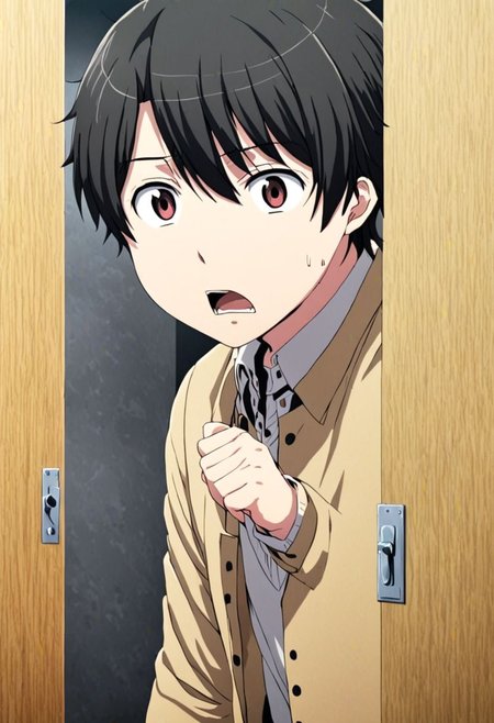 high resolution, solo, best quality, 1Boy, Inaho Kaizuka, Black Hair, surprised, peeking out, OverallDetail