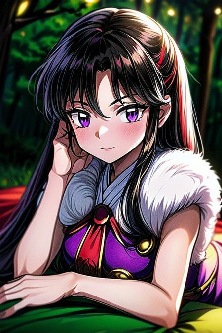 masterpiece,  best quality 1girl Setsun4 solo long hair,  (night time) forest background black hair very long hair purple eyes multicolored hair armor (fur trim) (medium body),<lora:EMS-179-EMS:0.800000>,<lora:EMS-293862-EMS:0.800000> bow, hair_bow, hair_tubes, red_bow, brown_hair, long_hair, bangs, ascot, frilled_bow, yellow_ascot, blush, smile, hair_between_eyes, athletic, armor, miko, ,(((intricate outfit,intricate clothes,embroidered outfit,ornate outfit,embroidered clothes,ornate clothes))), laying down, lying down