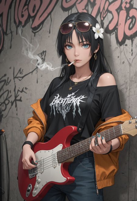 masterpiece,amazing quality,best quality,ultra-detailed,
 <lora:Saten Ruiko illu:1> 1girl, long hair, black hair, hair ornament, hair flower, blue eyes,  guitar, solo, instrument, cigarette, electric guitar, smoking, shirt, jewelry, pants, smoke, black shirt, holding, , looking at viewer, eyewear on head, necklace, jacket, off shoulder, wristband, sunglasses, earrings, graffiti, tinted eyewear,, short sleeves, holding instrument, cowboy shot, t-shirt, nail polish,