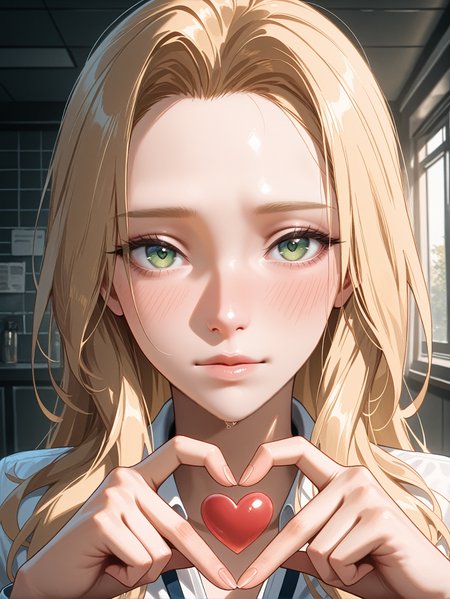 masterpiece, best quality, high resolution, very aesthetic, absurdres, newest, professional, high-quality, detailed eyes,
<lora:ILCPAlt:1.0>
CPAlt, 1girl, long hair, blonde hair, green eyes, looking at viewer, heart hands, blush, upper body