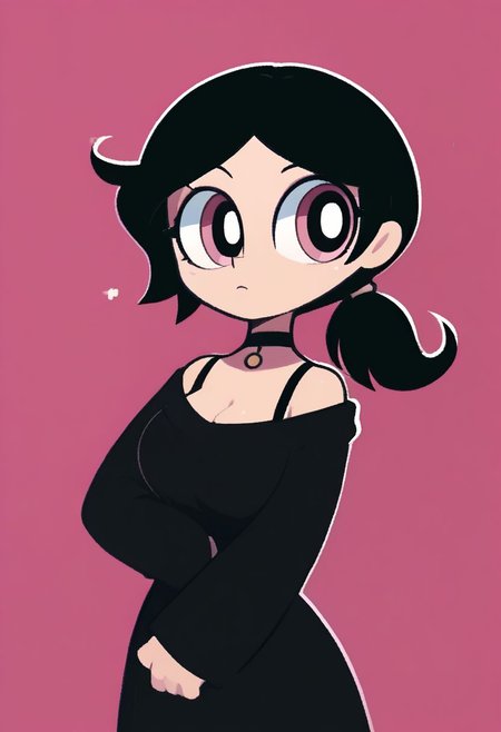 score_9, score_8_up, score_7_up,  <lora:PonyMinimalStyle:1> Minimalstyle, 1girl, simple, faceless female, beautiful, extremely detailed, vector , ashley graves, 1girl, black hair, big breasts, choker,medium hair, low ponytail, tcoaal, powerpuff