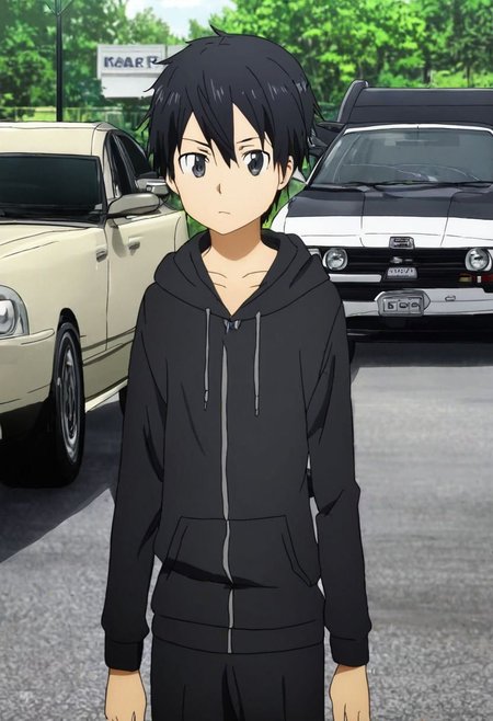 high resolution, solo, best quality, 1Boy, Kazuto Kirigaya, Black Hair, Black Eyes, lounge suit, hoodie, car garage, OverallDetail