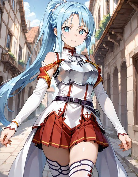 score_9, score_8_up, score_7_up, source_anime, <lora:add-detail-xl:1>, good anatomy, masterpiece, amazing quality, ultra detailed, good hand
BREAK 1girl, walking, in town, happy,
BREAK <lora:Sylpha_Langris_Pony_Lora:0.8> sylpha, long hair, ponytail, blue eyes, blue hair, large breasts,
BREAK <lora:Knights-of-the-Blood-Oath-uniform:0.9> Knights-of-the-Blood-Oath-uniform, skirt, red skirt, pleated skirt, mini skirt, white dress, detached sleeves, white belt, waist cape, white waist cape, silver breastplate, white thighthighs,