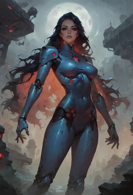 score_9, score_8_up, score_7_up,  enormous spherical (spaceship:1.2), adventurer girl, descending, rainy atmosphere, otherworldly, panoramic, black theme, blue and red lights, long hair, black hair, augmented, cybernetic, plasma. posing  <lora:sdxl/pony_twilight_style:0.8>