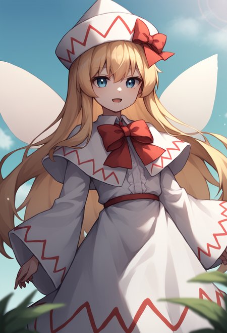 score_9,score_8_up,score_7_up,<lora:Touhou_pony:1>,1girl, lily_white, touhou, fairy_wings, white_hat, white_dress, white_capelet, long_sleeves, wide_sleeves, red_bowtie