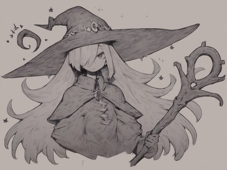 score_9, score_8_up, score_7_up, score_6_up, score_5_up, score_4_up, source_anime, a witch casting magic, witch hat, hair over one eye, long hair, graphite /(medium/), lineart, by aaaa /(quad-a/), <lora:Pixel_Lineart:1> pixlineart, sketch, drawing