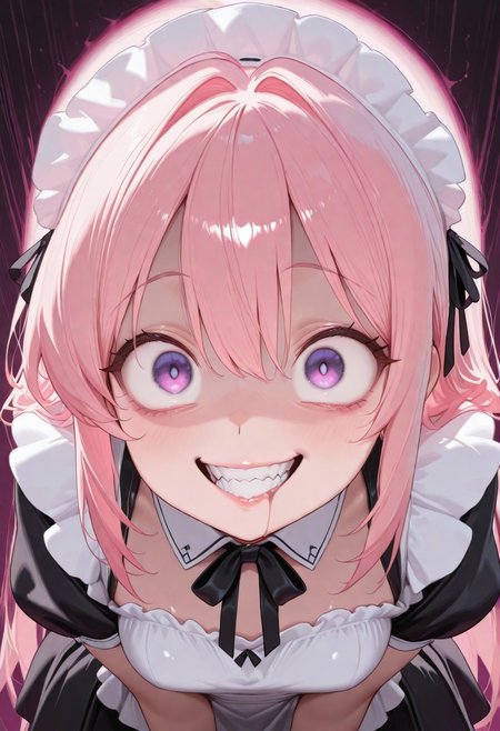 (masterwork, masterpiece, best quality, hyper-detailed, 8k uhd:1.4) 1girl, CivChan, hologram, pink hair, purple eyes,  wide eyes, staring at viewer, maid uniform, huge grin, (scary:1.4), demented, (crazy:1.4), large breasts, wide hips, luscious lips, glossy lips, lip gloss, detailed lips, <lora:CivChan:0.9> quality: masterpiece, extremely aesthetic, highly detailed, dynamic composition, vibrant colors, vivid colors, saturated