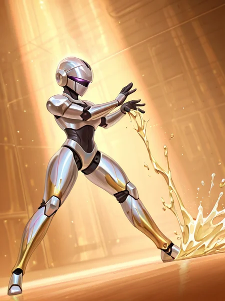 fighting game style <lora:Rino99Quiron_Style_ilus:1> ,  Rino99Quiron, (level difference),(Paint colliding and splashing on the canvas),(depth of field), closeup, back lights, shiny sexy 1girl female robot blends into it,((side face)), metal lips, metal helmet, (liquid paint rainbow hair:1.1) made of paint and defies gravity,thick flowing,(paint splatter:1.3),Liquid state,stunningly beautiful, masterpiece, detailed background,ultra high quality model, ethereal background,abstract beauty, explosive volumetric, oil painting,heavy strokes,Romantic lighting,Sub-Surface Scatterring,lens 135mm,f1.8,glow,8k,high resolution, dreamy,ray tracing,hdr,god rays,, A place with a lot of glass details in silver and gold,  rule of thirds,  , arms outstretched,   , 
 . dynamic, vibrant, action-packed, detailed character design, reminiscent of fighting video games