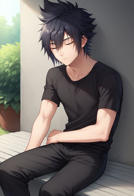 score_9, score_8_up, source_anime, highly detailed, 1boy, solo, male_focus,
noctis, 1boy, male focus, solo, blue eyes, shirt, black hair, spiked hair, looking at viewer, sitting,
hair between eyes, pants, short sleeves, black pants, eyes closed, sleeping,
outdoor,