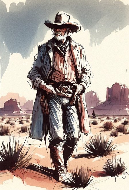 inksketch,
 an old cowboy in a duster standing alone in the desert,