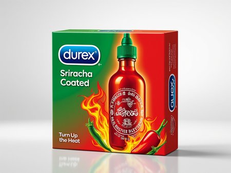 A professionally designed pack of Durex condoms takes center stage, blending humor with a polished aesthetic. The vibrant red-and-green packaging features a clean, dynamic illustration of a Sriracha bottle, complete with fiery chili flames radiating from its base. Bold text displays the tagline 'Sriracha Coated' in a modern, minimalist font, accompanied by the playful phrase 'Turn Up the Heat' below it.