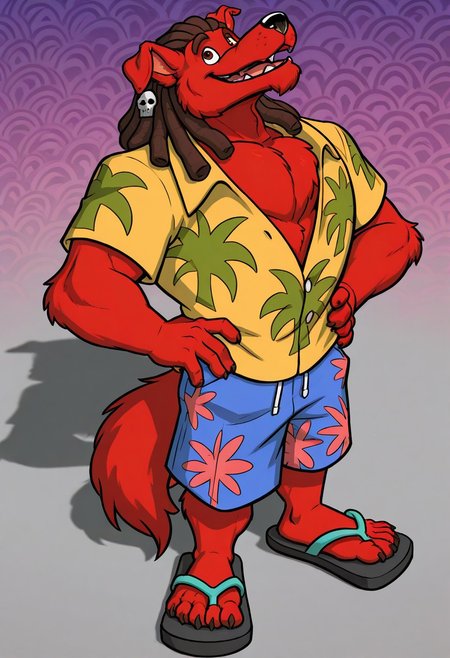 masterpiece, ultra detailed, amazing quality, absurdres, very aesthetic, no humans, solo focus, male focus, furry male, 1boy, (from above:1.1), mini person, short, 
d_w0lf_mon, red fur, red body, body fur, elbow tuft, brown hair, dreadlocks, brown eyes, long snout, black nose, single earring, skull earring, smile, fangs, looking at viewer, open mouth, tongue, teeth, wide-eyed, facial hair, chin tuft, wrinkles, mature male, droopy ears, muscular, chest tuft, pectoral cleavage, yellow shirt, collared shirt, hawaiian shirt, palm tree print, short sleeves, partially unbuttoned, blue shorts, swimming trunks, floral print shorts, leaning back, head back, standing, hands on hips, looking up, finger claws, tail, sandals, toe claws, perfect hands, perfect feet, 5 fingers, 4 toes, high-angle view,
BREAK 
patterned background, psychedelic background, perfect lighting, shadow, pov