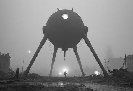 monochrome, black and white photo, old photo,blurry, low quality, old photo defects, world war 1, steam punk technology, automatons, battlefield, destroyed city,rubble, collapsed buildings, fires, artillery, Thick fog, strange shaped robots moving in the distance,massive machines in far distance,massive robots with 3 long legs ,spherical bodies,no arms, antenna, wires, consistent design,three lights that look like eyes,cylindrical object protruding from the body with 3 lights on its front, looking at viewer, scary, damaged robots, trench warfare, no mans land, small humans, large robots, art style of simon stalenhag