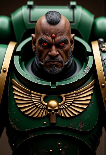 Score_9_up, absurdres, source: Gamesworkshop, Vulkan of the Salamanders Adeptus Astartes chapter, hulking muscular rugged dark dusky black skinned man in green scaled power armor and bald head with black goatee, red eyes, best quality, expressive eyes, perfect face, perfect anatomy, highly detailed, perfect hands, Warhammer 40K, space marine, mantisdetailerse, adddetails, MOVIE STILL
FILM STILL
CINEMATIC
CINEMATIC SHOT
CINEMATIC LIGHTING, battlehammer, brown-skinned male