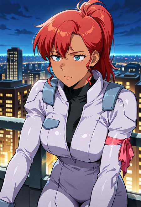 ((masterpiece, absurdres)), best quality, amazing quality, newest, 4k, anime coloring, very aesthetic, ray tracing, Smooth Quality, CG,city view,kate, 1 mature female, red hair, pony hairstyle, dark blue eyes, pilotsuit, gloves, turtleneck t-shirt, arm ribbon,brown skin,