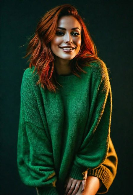 UHD, 8k, moody instagram photo, lower body photo of 22 years old woman, from below, dressed in long oversized sweater, (teasing nudity:1.4) dirty fiery red hair, color gradient, bright tips of hair, sun-kissed skin, happy, cute smile, beautiful green eyes, hard shadows, dark, nighttime, overexposed filter, silhouetted against the bright light, Finely Articulated, Crisp Definition, 35mm photograph