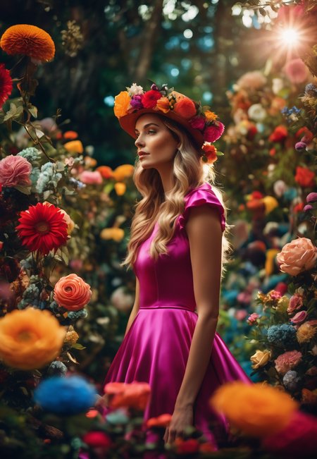 cinematic photo Arcane,  Alexander McNeish, Alice in Wonderland,  wandering in Enchanted Garden, beautiful,  whimsical wonderland with oversized flowers, talking animals, hidden pathways, swirling lights:1.2, light particles:0.9,life-like, Incorporates vibrant colors, unusual plant arrangements, and fantastical creatures, texture, masterpiece, great art, high quality, best quality, highly detailed, 8k, wide shot, panorama, (Bottom view:1.1), Kodachrome,1970s,(8k, RAW photo, highest quality), eye focus, close up,sharp focus,(detailed eyes:0.8),  <lora:sdxl_photorealistic_slider_v1:1>, (masterpiece,best quality:1.5) . 35mm photograph, film, bokeh, professional, 4k, highly detailed
