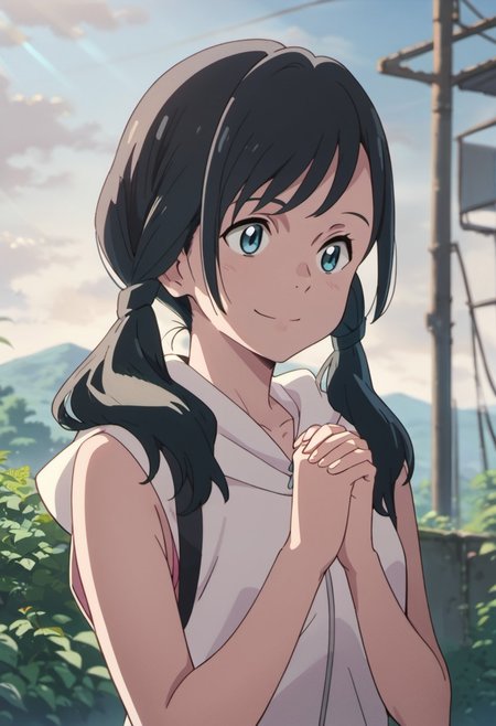 score_9, score_8_up, score_7_up, source_anime, amano hina, black hair, long hair, low twintails, blue eyes, 1girl, twintails, solo, hood, own hands together, smile, sleeveless jacket, sleeveless, hood down, sky, outdoors, upper body