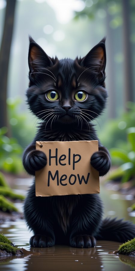 a very cute little black cat with watery eyes, lost on an island, This very cute little cat holds a sign, with "Help Meow" written on the sign, only one sign,
sad expression, perfect masterpiece, watery eyes, raining, puddle, mud,
<lora:Add_More_details_Flux:1>