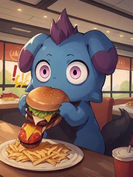 score_9, score_8_up, score_7_up, score_6_up, score_5_up, score_4_up, detailed background, inside, mcdonald's, table, plate, fries BREAK
<lora:Depresso_PDXL_v21-000010:1> Depresso, blue body, purple hair, pink eyes, looking at viewer, surprise, wide eyed, black tail, sitting, holding burger, <lora:Burger_Malfunction-PonyXL-1024px:0.8> burger malfunction, exclamation point