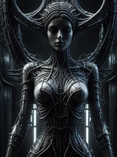 statue of a woman made of mad-rnfcnct , in the style of hr giger  <lora:Derilict_Concret_SDXL:1.0> <lora:Neon_Cyberpunk_SDXL:0.8>  cablelink <lora:great_lighting:0.5> great lighting <lora:aesthetic:1> aesthetic, (masterpiece:1.2), best quality, (hyperdetailed, highest detailed:1.2), high resolution textures
