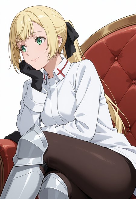 Smooth Quality,masterpiece,very intricate, high quality details, ultra realistic, high detailed skin,detailed enviorement,absurdres,
simple background, white background, 
sideways,sitting pose, legs crossed, one hand resting on chin, playful smile, relaxed shoulders,  ,thinking,
 <lora:Rituscnn:0.8> rituscnn, 1girl, blonde hair, green eyes, long hair, ponytail,shirt, white shirt, coat,black gloves, hair ribbon,armored boots,