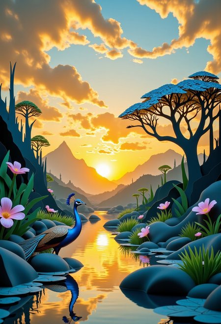 thick layered papercut art of 
In pastel hues and romantic artistry, this fantastical painting captures a single peacock sipping from a tranquil lake at sunset. Shadows dance across the sky as clouds drift by. The setting sun bathes the scene in a warm, golden light, creating an ethereal atmosphere.
The peacock’s feathers are rendered with exquisite detail, each scale shimmering under the artist’s skilled hand. The clouds in the background transition from soft yellows and oranges to deep blues and golds, enhancing the dreamlike quality of the scene.
Reminiscent of fantasy art, the painting focuses on intricate details and a sense of wonder. It is a true masterpiece, showcasing the artist’s exceptional ability to capture the beauty and majesty of nature in a surreal and imaginative way.  
deep 3D, volumetric, dimensional, depth, thick paper, high stack, heavy texture, tangible layers, 
beautiful, detailed, textural, artistic, vivid, vibrant,  aesthetic, intricate details, highly detailed, ultra-detailed, absurdres, 
aidmaMJ6.1, Jed-ppct, papercutstyle