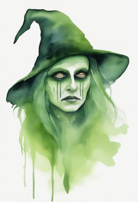 watercolor, watercolour,
a witch with green skin, wearing a talking witch hat. The hat has an evil face with a stitched mouth. A living witch hat is adorned as the witches face lights up within the darkness and fog surrounding her, creating a surreal and spooky effect, reminiscent of Halloween. An upper body portrait, with dark lighting accentuating the creepiness of the atmosphere