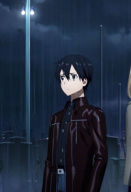 high resolution, professional photography, best quality, 1Boy, Kazuto Kirigaya, Black Hair, Black Eyes, heavy rain, downtown, night, looking down, sad, leather jacket, looking away, OverallDetail