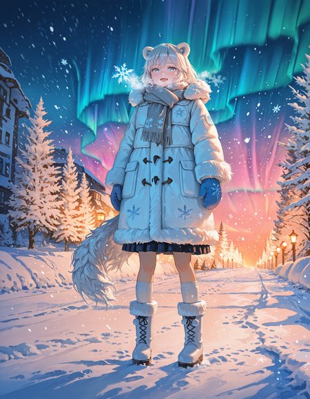 oil painting \(medium\),brush stroke,  painting \(medium\), painting,<lora:fjsmu:1>,fj7mu_illu, 1girl, animal ears, solo, silver hair, polar bear ears, fang, fluffy coat, scarf, mittens, fur-lined boots, white socks, icy blue eyes, snowflakes, snow-covered street, aurora borealis, warm glow, cold breath, cozy winter outfit, animal tail, serene aesthetic, snowstorm background