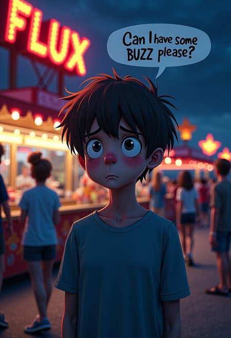 A very sad teenage boy, her eyes pleading tearfully, and  gazes directly at the viewer with a speech bubble asking, “Can I have some BUZZ, please?” The scene is set at a nighttime summer festival or carnival. In the background, a stand with a neon sign reads “FLUX,” glowing softly in the dark.