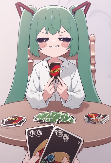 (score_9, score_8_up, score_7_up) BREAK source_anime, absurdres
1girl, twintails, green hair
sleeves past wrists, white shirt, collared shirt
shiny skin
smug, looking at viewer, holding card, pov, playing card, table, smirk, clenched teeth
<lora:Smooth Anime Style LoRA XL:0.32> , <lora:Expressive_H:0.3> , <lora:princess_xl_v2:0.35>,  <lora:nunumiku.pony:1> nunumiku, aaa
<lora:ImminentUnoLossMeme_pdxl_Incrs_v1:0.55>,  <lora:D1zzysp3llsXLP:1>  d1zzysp3lls
