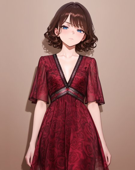 Positive: Masterpiece, best quality, amazing quality, very aesthetic, high resolution, ultra-detailed, absurdres,
1girl,solo,brown_hair, short_hair, curly_hair, looking_at_viewer,blue_eyes,   
red v-neck belt rose print chiffon dress,
cowboy_shot,disdain,