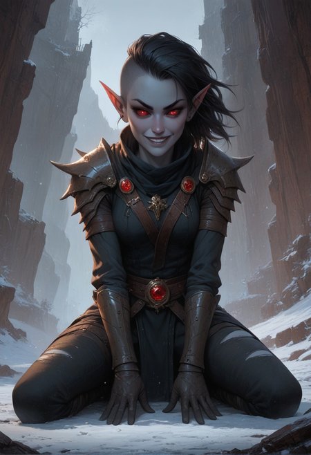 (absurdres, best quality, masterpiece:1.4), score_9, score_8_up, score_7_up, score_6_up, detailed, detailed body, detailed face, fantasy, 
alone, (female, ashen grey skin, medium breasts, (red sclera eye, red sclera eye style, red eyes, no pupils, no sclera), thin black eyebrows, pointy ears, long ears, (black hair, sidecut hair), athletic build, slim, pointed chin, gaunt cheeks), smirk, 
(torn dark blue robe, leather gloves, leather shoulder pads, leather boots, leather trousers), alone, 
outdoors, mountains, snow, snowing, wind, 
kneeling, spread legs, wariza