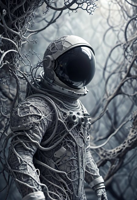 fractalvines, an astronaut made from grey fractal vines, space,