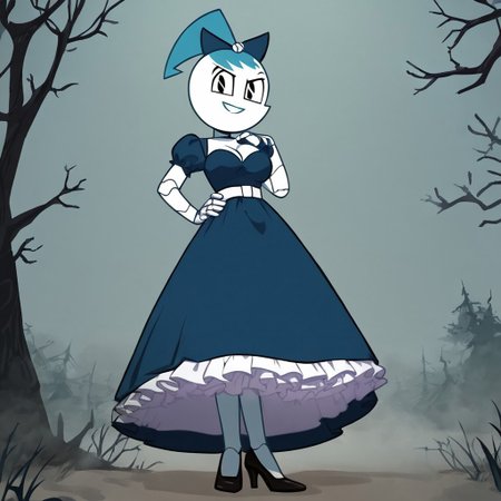 (Masterpiece, best quality:1.2), score_9, score_8_up, flat color, flat shading, soft shading, lighting, Jenny Wakeman as an adult, (((in a 1950's full length formal dark blue dress, a white belt, a fluffy frilly ruffled full white petticoat, and black high heels))), dress, layered petticoat, frilly petticoat, fluffy petticoat, full petticoat, detailed petticoat, wide skirt, detailed outfit, flowing skirt, (((long skirt))), (((solid dark blue colored dress, black high heels))), blue hair, series accurate, cute, best high quality, high res, robot, humanoid robot, (((giant breasts, cleavage))), whole body shot, 1girl, (((solo, outside, in a dark creepy forest, at night, heavy fog surrounding her, fog, heavy fog, looking at you, low angle))), (((evil, evil smile, determined evil eyes, posing gracefully and evilly))), low angle shot, cartoon, cartoon style, vector, solo, circle dress, 1950s, dance dress jenny, jenny wakeman, 1girl, solo, robot joints, black eyes, white skin, ponytail, hair bow, blue rose chest corsage, poofy dress, blue hair, flat lighting,