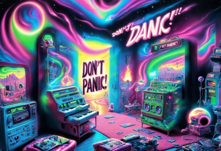 DonMD0n7P4n1cXL, text "DON'T PANIC!", hyper detailed masterpiece, dynamic realistic digital art, awesome quality,tenacious mansion,vr technology surroundings,lush tinkering station motion blur,synthwave sunset, fitness,medical equipment,acrid,antique,flames,flare,simple life,skills,collapsing,mystical  <lora:DonMD0n7P4n1cXL:1>