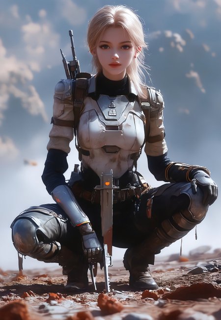 safe_pos, score_9, score_8_up, score_7_up, 1girl, ultra detailed face, huolinger, science fiction, An outdoor war zone scene with a large, four-barrel military turret as the central focus. The turret is massive, metallic, and clearly built for heavy combat, with thick, reinforced armor. Its four large barrels extend outward, showing signs of recent use, with spent shell casings piled beneath them. The turret’s maintenance hatch is open, revealing complex internal machinery. A female mechanic with medium breasts  is (squatting) beside the turret, deeply focused on her work. She is wearing a grease-stained jumpsuit, holding a large wrench as she works on the exposed mechanics inside the turret. Around her are scattered tools, along with a mix of unused rounds and spent shell casings. Smoke rises in the distance, and the war-torn environment adds to the urgency, but the mechanic is absorbed in repairing the turret, which towers over her in the scene
